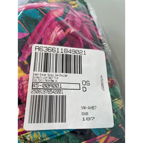 Susan Graver Soleil One Shoulder Swimsuit with Self Trim Sz 14 Black Multi Palm - Picture 3 of 10